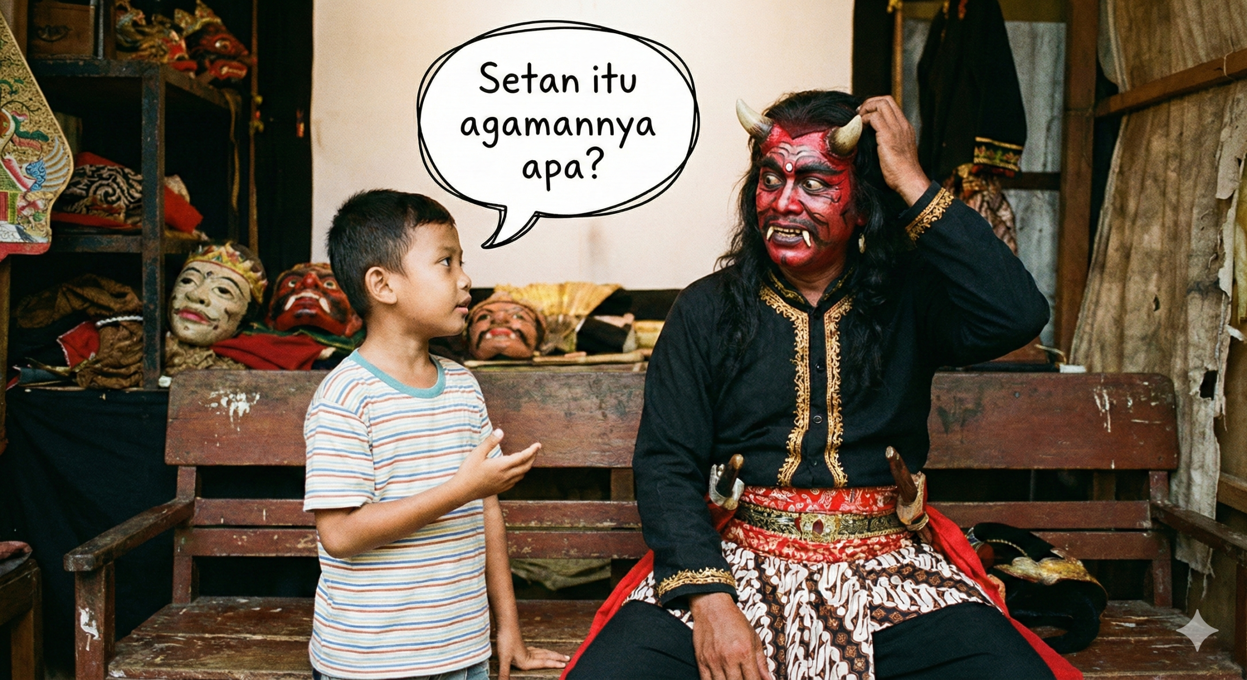 Seorang anak sedang bertanya kepada seseorang yang memakai topeng setan, tampak penasaran dan waswas.