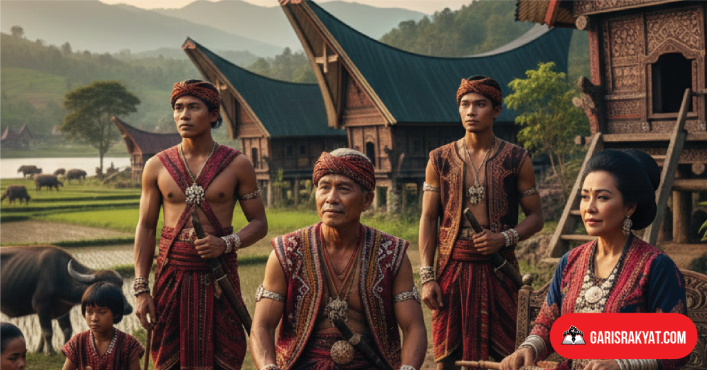 Keluarga Batak berdiri di halaman rumah adat Batak dengan latar sawah hijau dan kerbau.