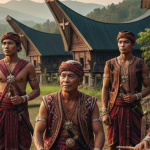 Keluarga Batak berdiri di halaman rumah adat Batak dengan latar sawah hijau dan kerbau.