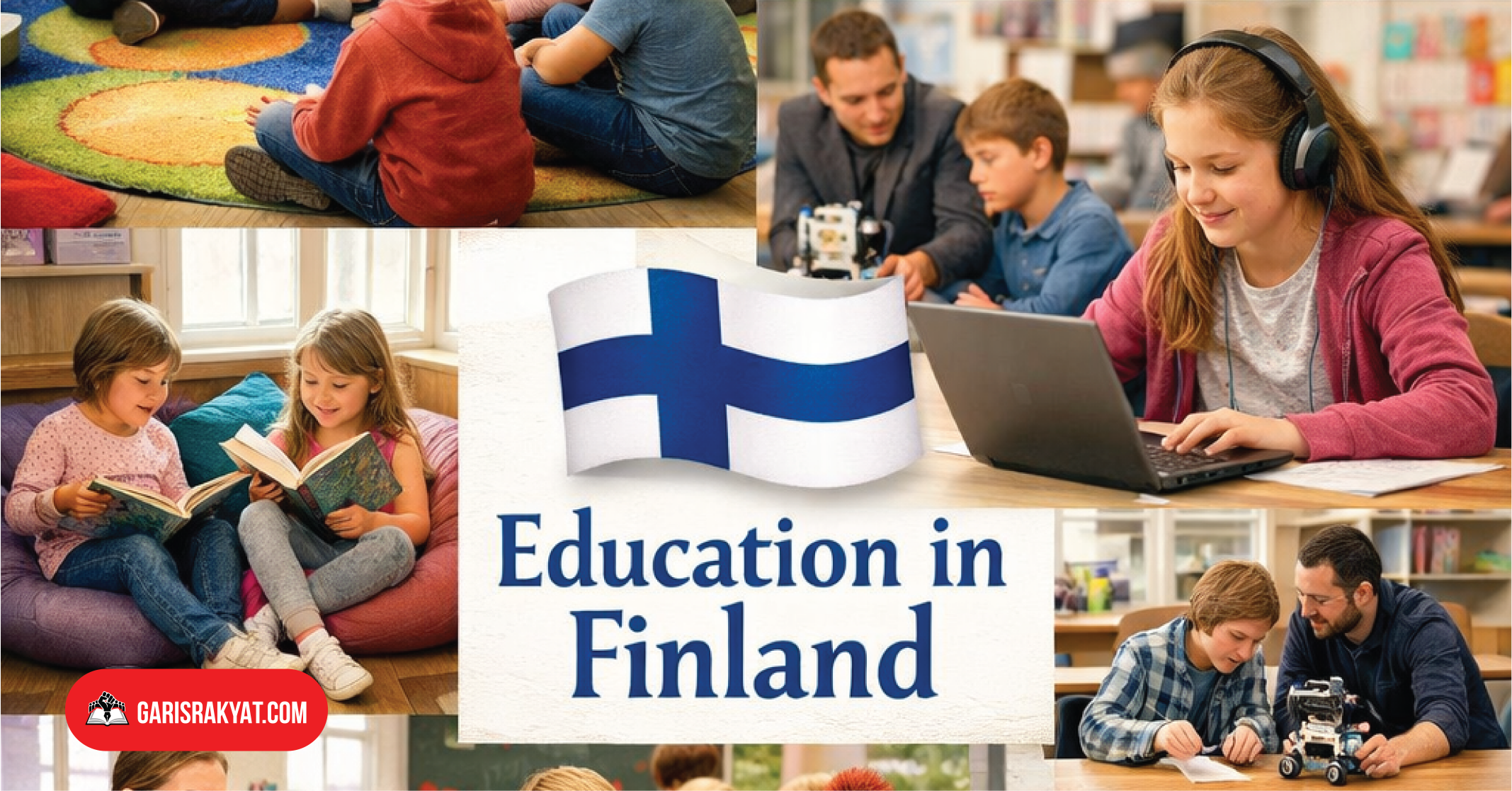 Anak-anak sedang belajar di kelas di Finlandia, dengan bendera Finlandia