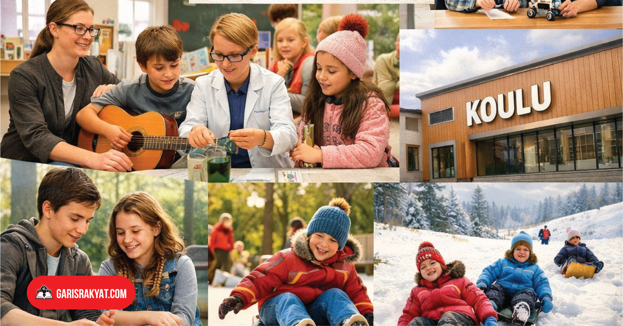 Suasana belajar di sekolah (koulu) Finlandia, anak-anak dan guru berinteraksi dalam kelas.